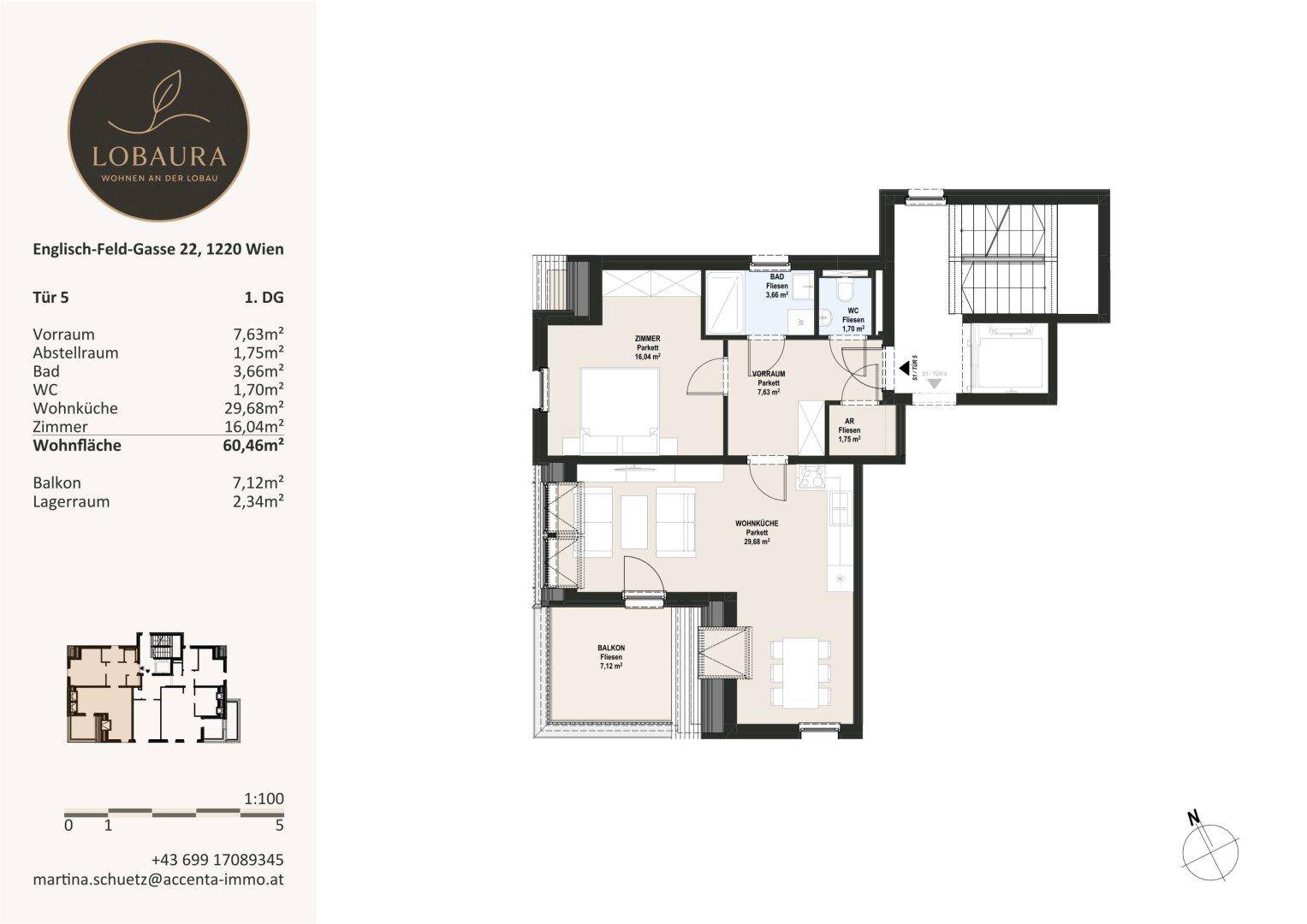 Grundriss einer Wohnung im ersten Dachgeschoss mit zwei Schlafzimmern und Balkon.