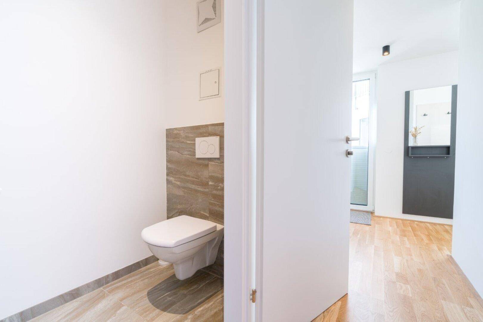 Modernes Gäste-WC mit wandhängender Toilette und stilvollen Fliesen, angrenzend an den Flur.