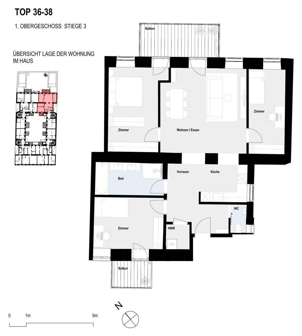 Grundriss der Wohnung TOP 36-38 im ersten Obergeschoss mit drei Zimmern und zwei Balkonen.
