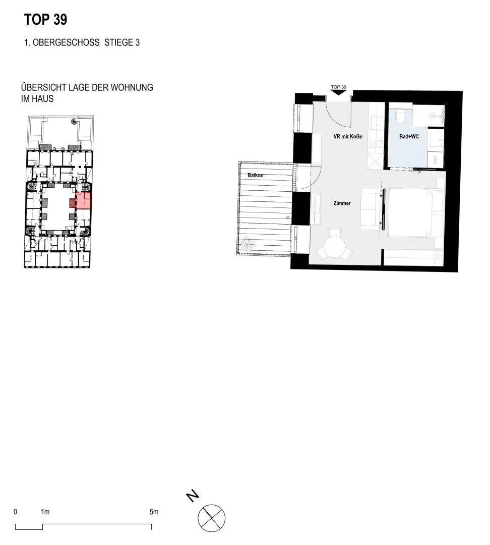 Grundriss der Wohnung TOP 39 im ersten Obergeschoss mit Balkon und offener Wohnküche.