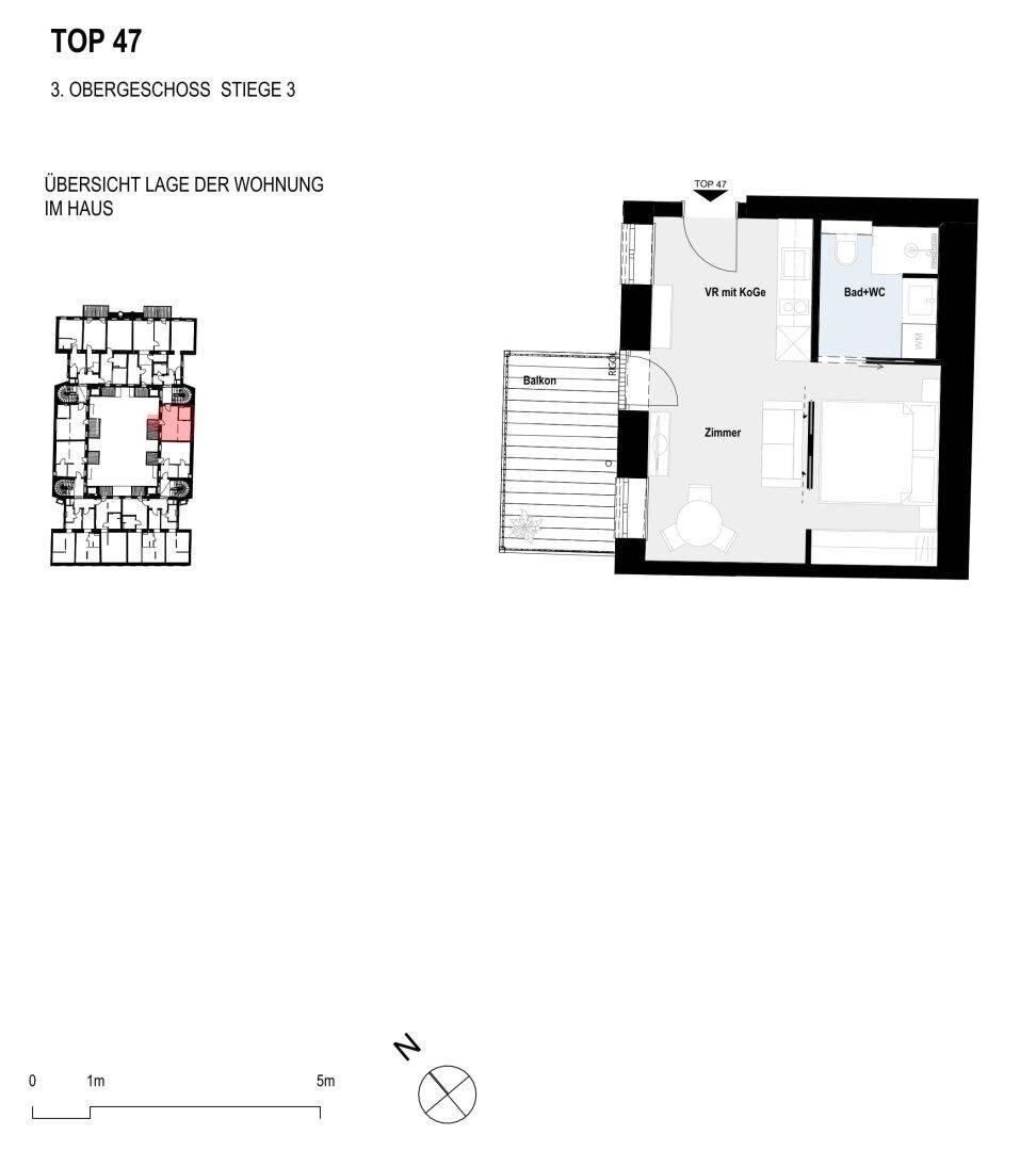 Grundriss einer Wohnung im 3. Obergeschoss mit Balkon und offener Wohnküche.