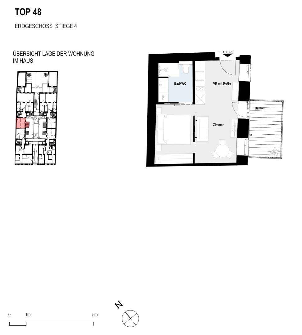 Grundriss einer Studio-Wohnung mit offenem Wohnbereich, Bad und Balkon im Erdgeschoss.