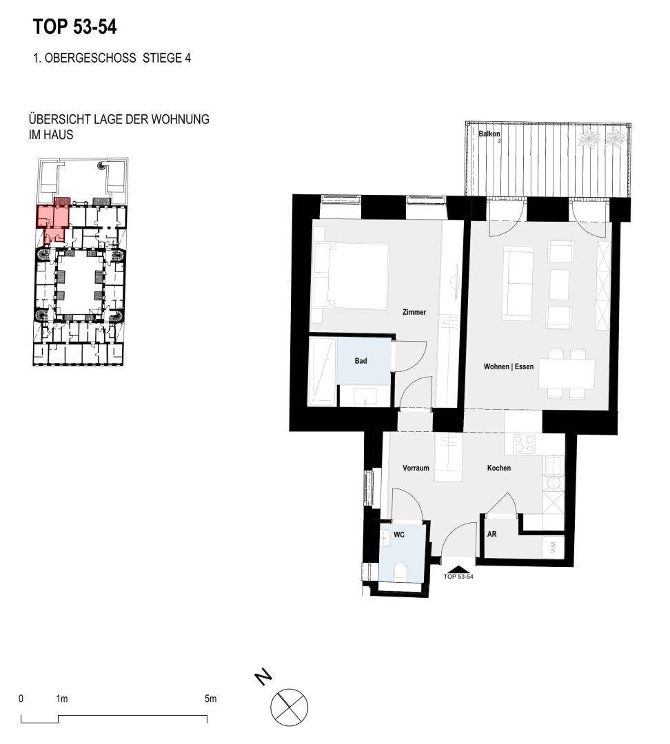 Grundriss einer Wohnung mit offenem Wohn-Essbereich, Schlafzimmer, Bad, WC und Balkon.