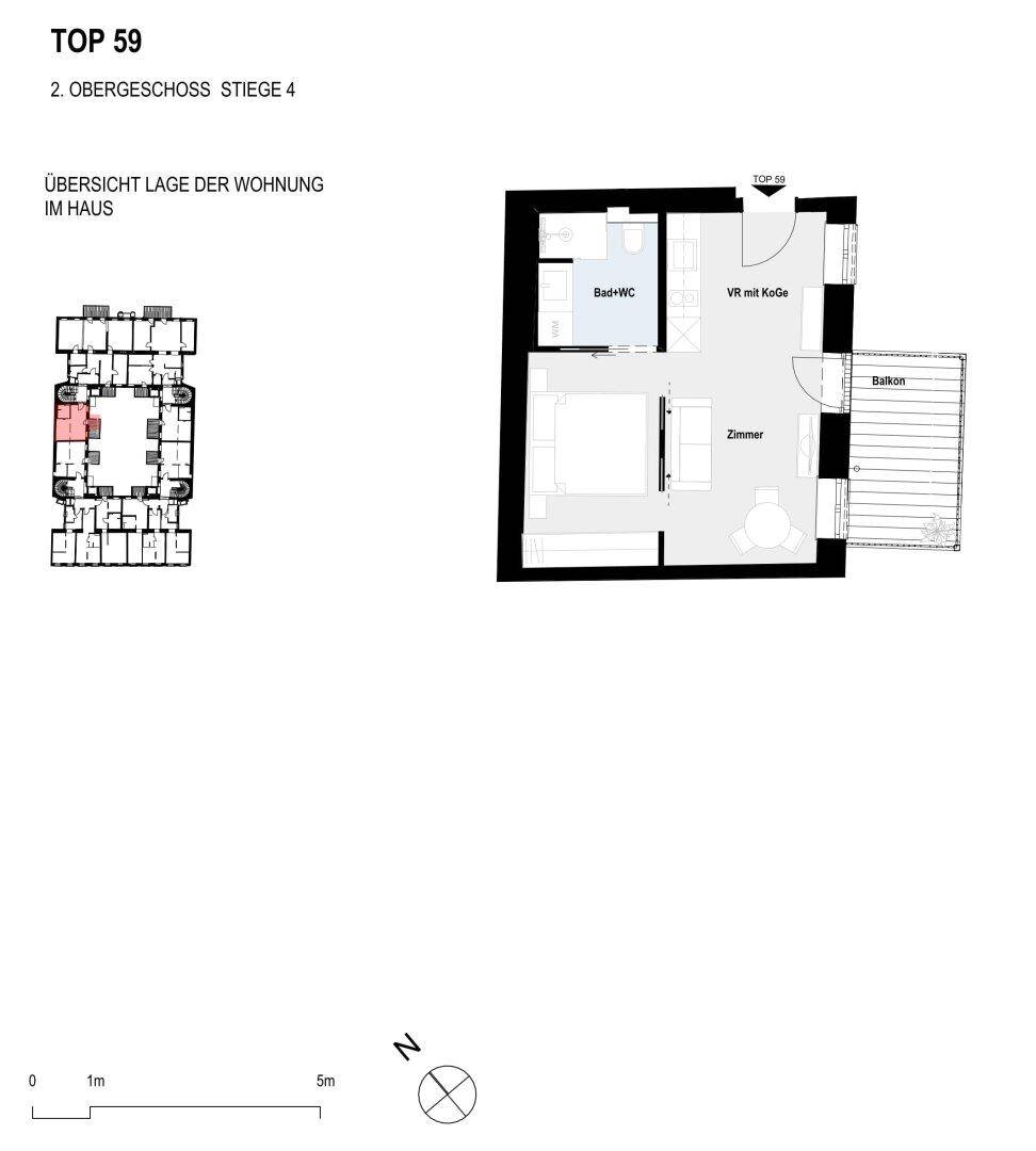 Grundriss einer modernen Studio-Wohnung mit Bad und Balkon.