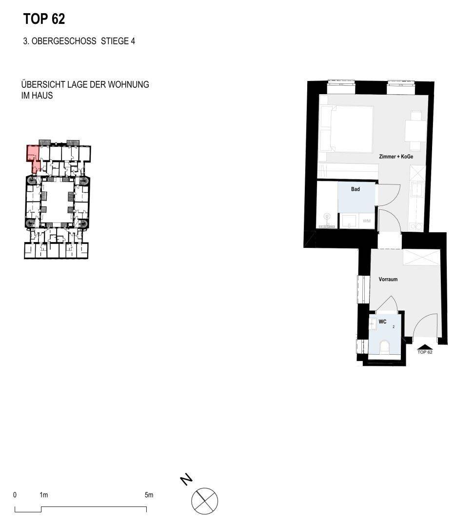 Grundriss der Wohnung Top 62 im 3. Obergeschoss mit offenem Wohnbereich und separatem WC.