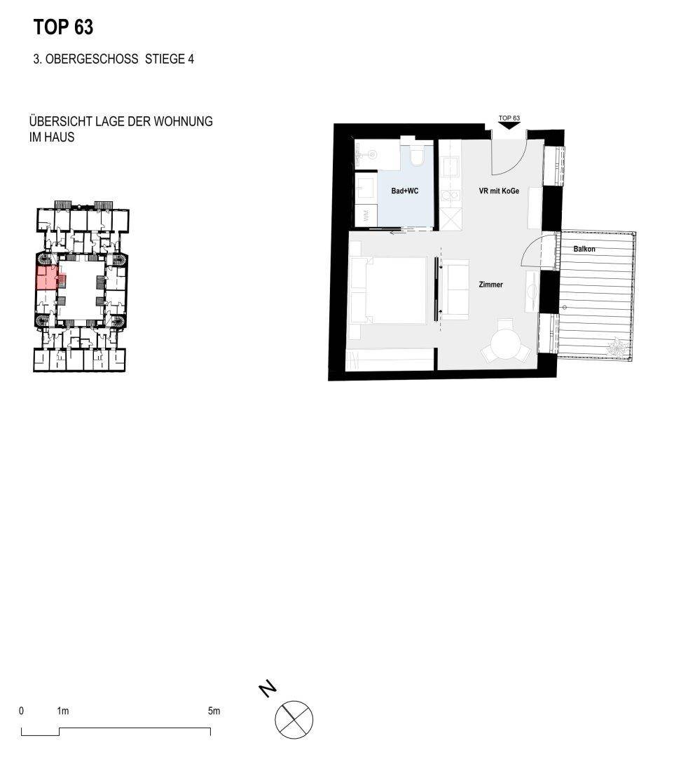 Grundriss einer Wohnung im 3. Obergeschoss mit Zimmer, Bad und Balkon.