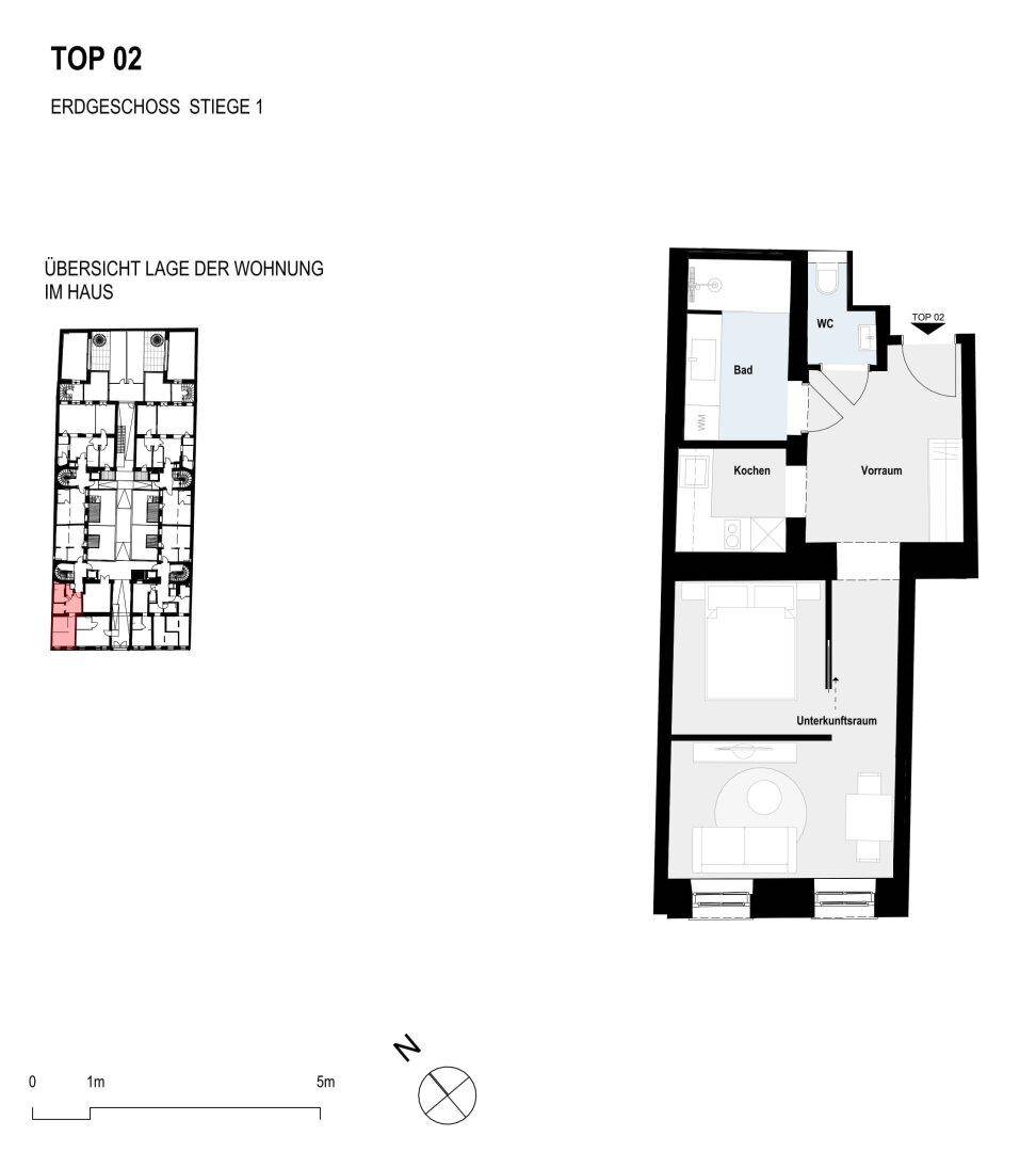 Grundriss der Erdgeschosswohnung mit separater Küche, Bad und Gäste-WC.
