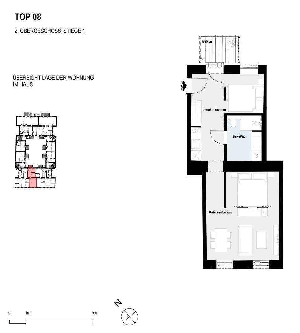 Grundriss der Wohnung TOP 08 im 2. Obergeschoss mit Balkon, Bad und offenem Wohn-/Schlafbereich.