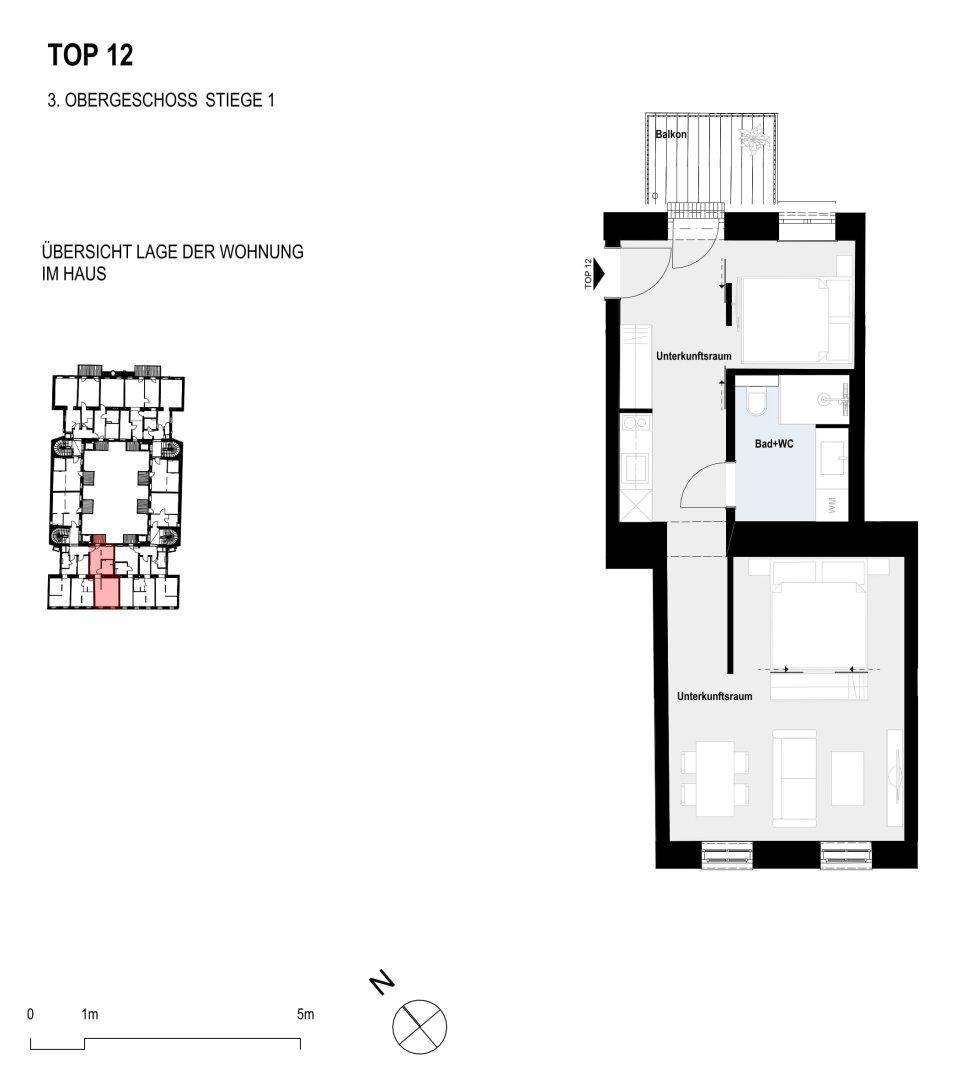 Grundriss der Wohnung TOP 12 im 3. Obergeschoss mit zwei Zimmern, Bad und Balkon.