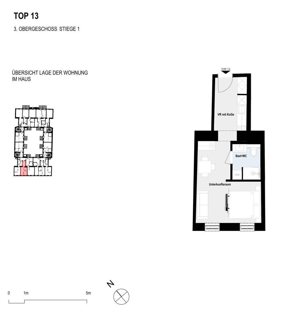 Grundriss der Wohnung TOP 13 im 3. Obergeschoss mit offenem Wohn-/Schlafbereich, Bad und Kochnische.