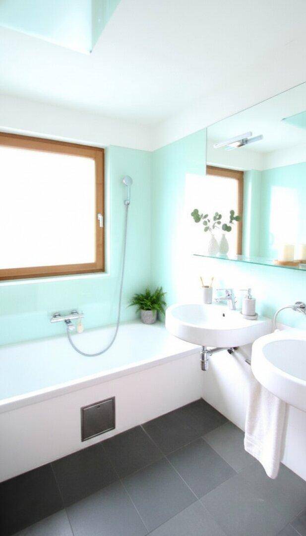 Modernes Badezimmer mit Badewanne, zwei Waschbecken und hellgrünen Wandfliesen.