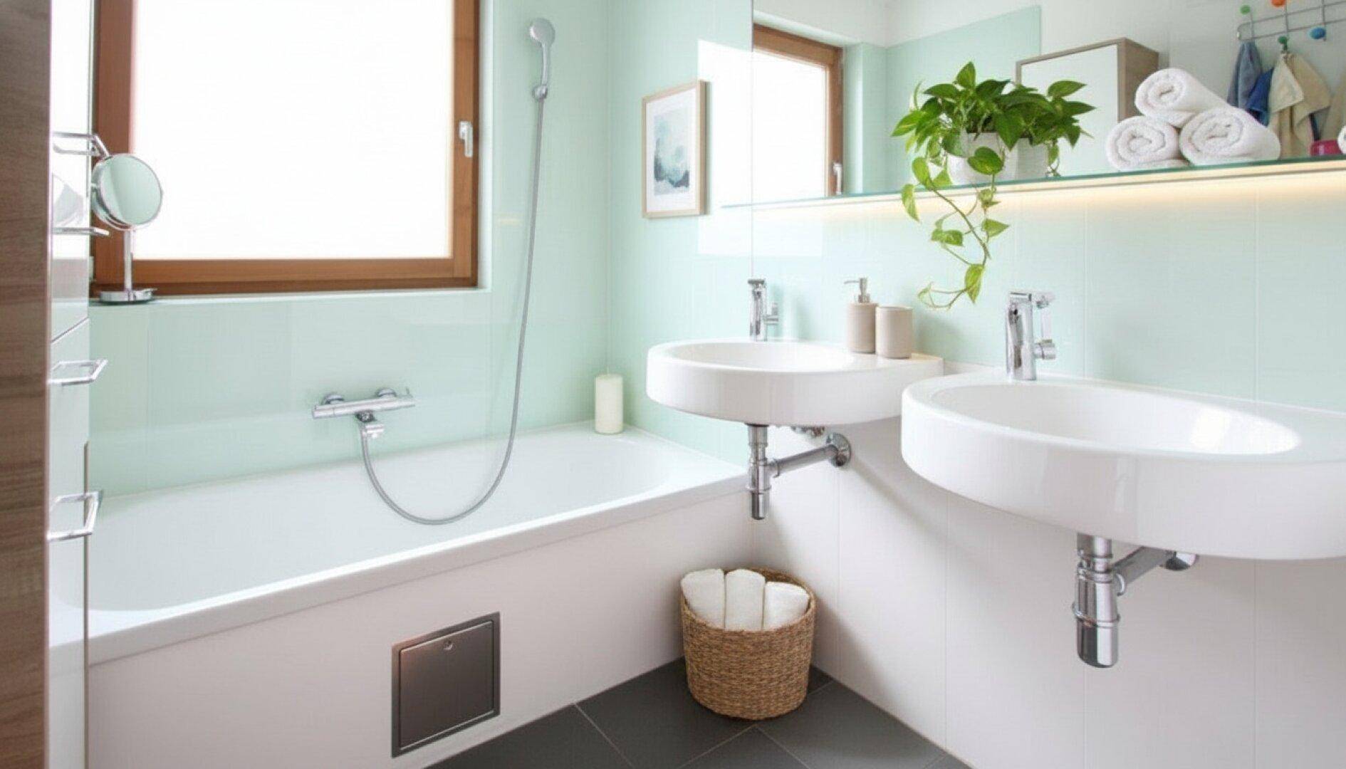 Helles Badezimmer mit Badewanne, Doppelwaschbecken und praktischem Spiegelschrank.