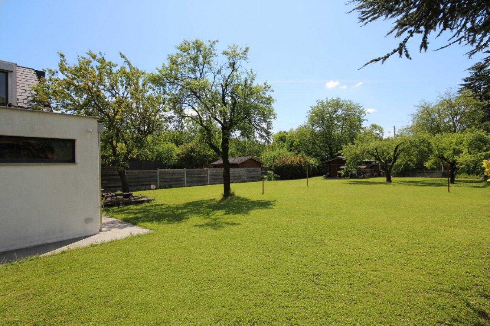 Weitläufiger Garten mit altem Baumbestand, Rasenfläche und Blick auf das moderne Haus.