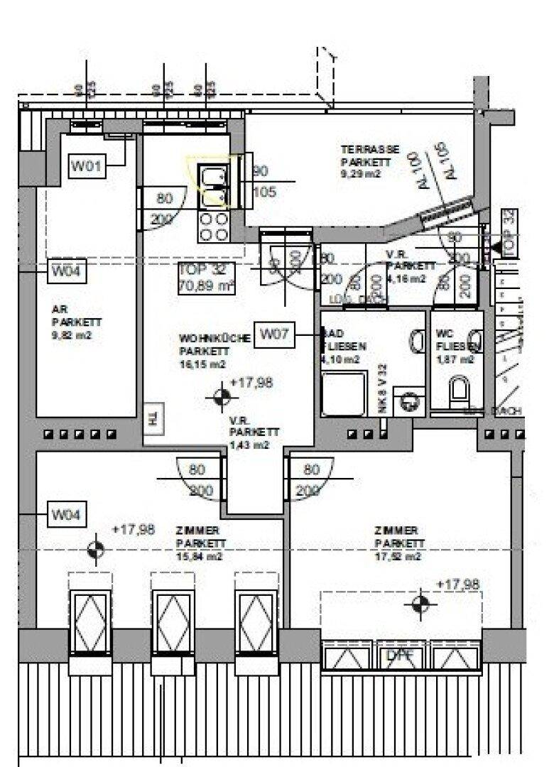 Grundriss der Wohnung mit offener Wohnküche, zwei Schlafzimmern und Terrasse.