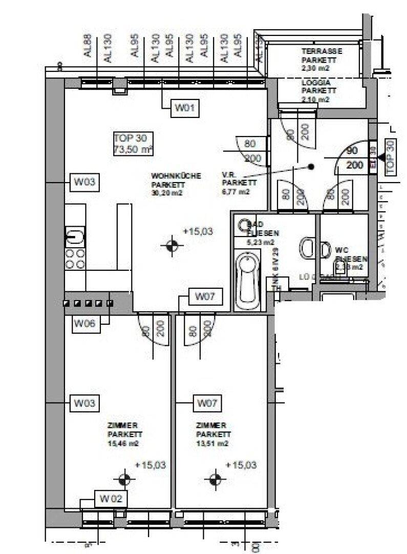 Detaillierter Grundriss der Wohnung mit Wohnküche, zwei Zimmern und Terrasse.
