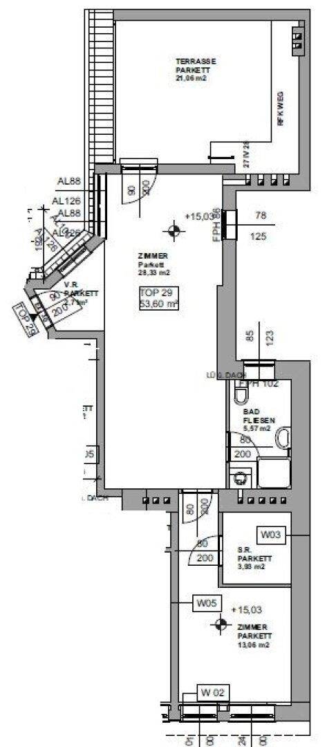 Grundrissplan einer Wohnung mit Terrasse, Balkon, Zimmern und Badezimmern.