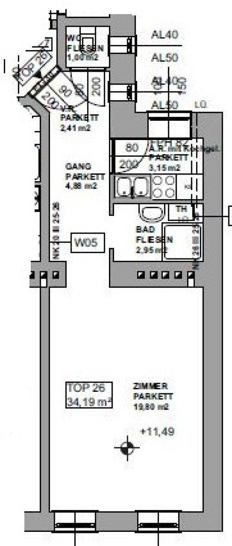 Grundriss einer Wohnung mit Zimmer, Bad, Küche und Gang, inklusive Flächenangaben.