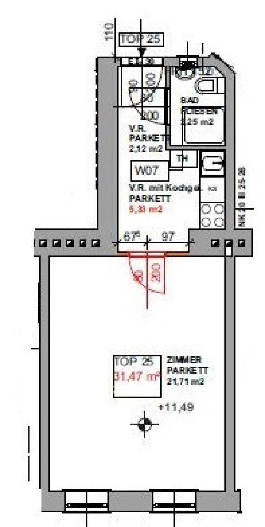 Grundriss einer Wohnung mit offenem Wohnbereich, separatem Bad und Kochnische.