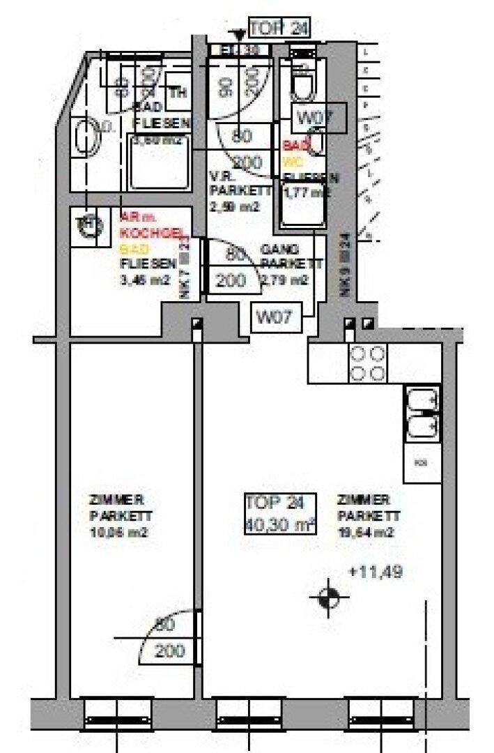 Grundriss der Wohnung mit mehreren Zimmern, Bad, separatem WC und Balkonzugang.