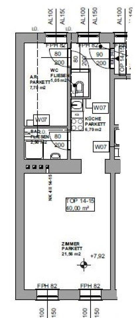 Grundriss einer Wohnung mit separatem WC, Küche, Bad und einem großen Zimmer.