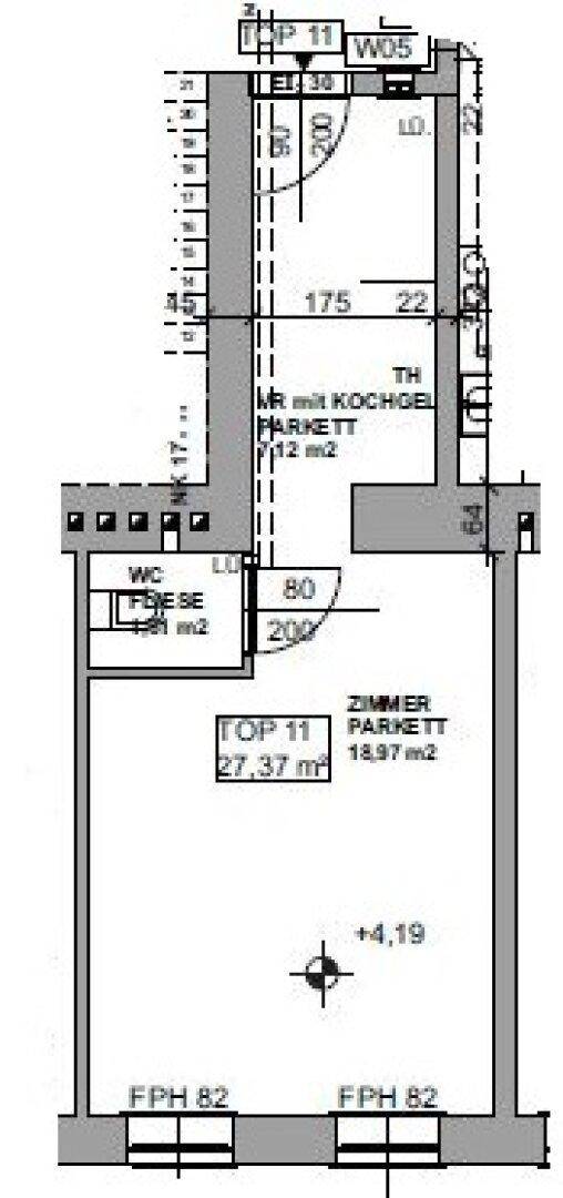 Grundrissplan einer Wohnung mit separatem WC, einem Zimmer und einem Bereich mit Kochgelegenheit.