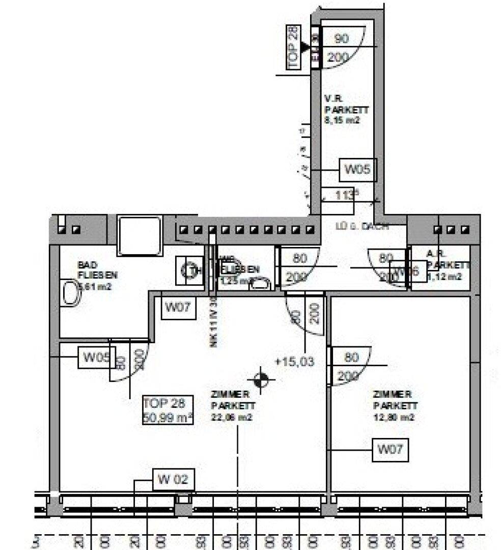 Detaillierter Grundriss der Wohnung mit Raumaufteilung und Flächenangaben in Quadratmetern.