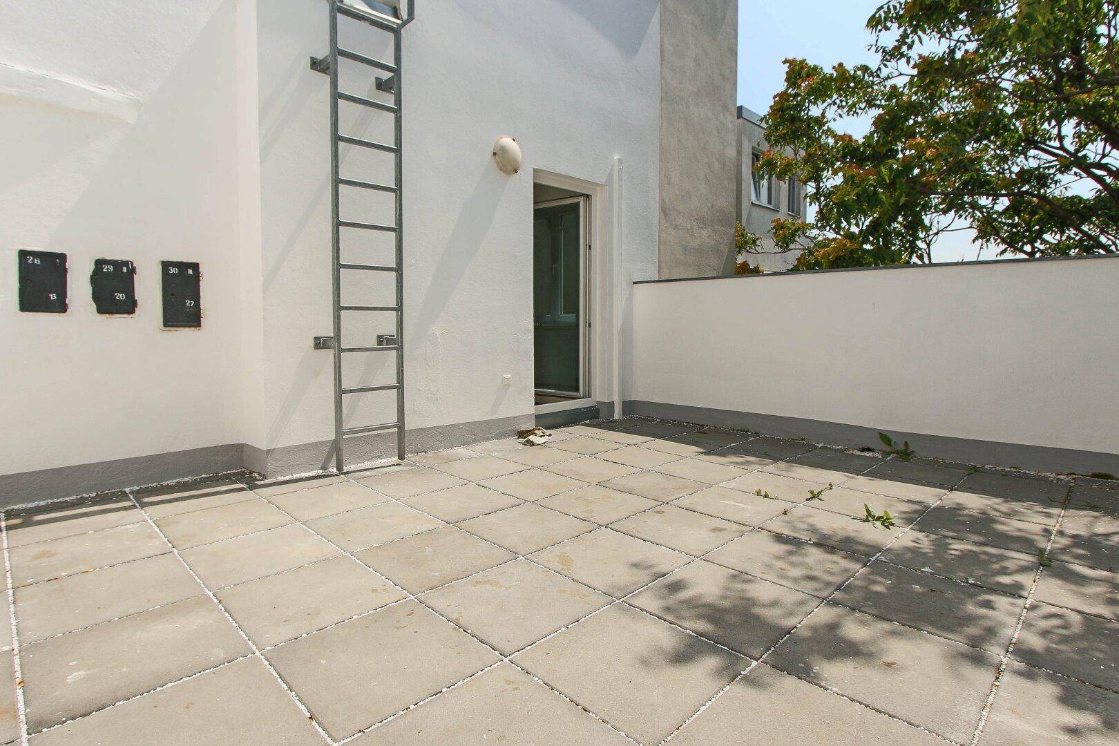Geräumige, gepflasterte Terrasse mit einer Leiter an der Wand und viel Sonnenlicht.