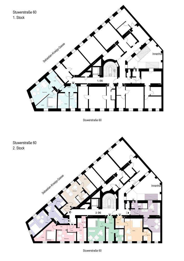 Grundrisspläne für das erste und zweite Obergeschoss eines Gebäudes mit mehreren Wohneinheiten.