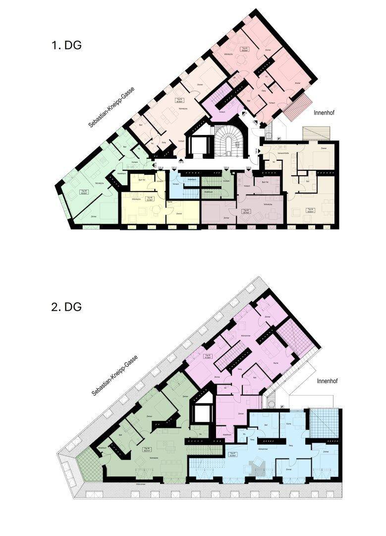 Grundrisspläne für zwei Dachgeschossebenen mit verschiedenen Raumaufteilungen und Treppenhaus.