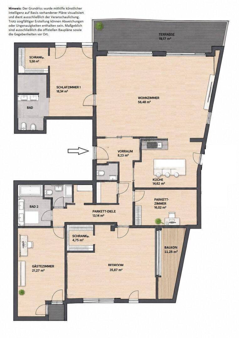 Farbiger Grundriss einer Wohnung mit Terrasse, Balkon und mehreren Zimmern.