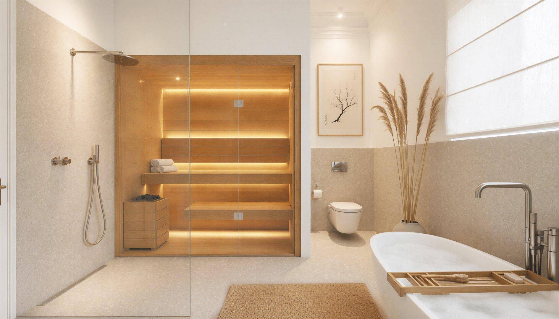 Modernes Badezimmer mit begehbarer Dusche, integrierter Sauna und freistehender Badewanne, hell und stilvoll gestaltet.