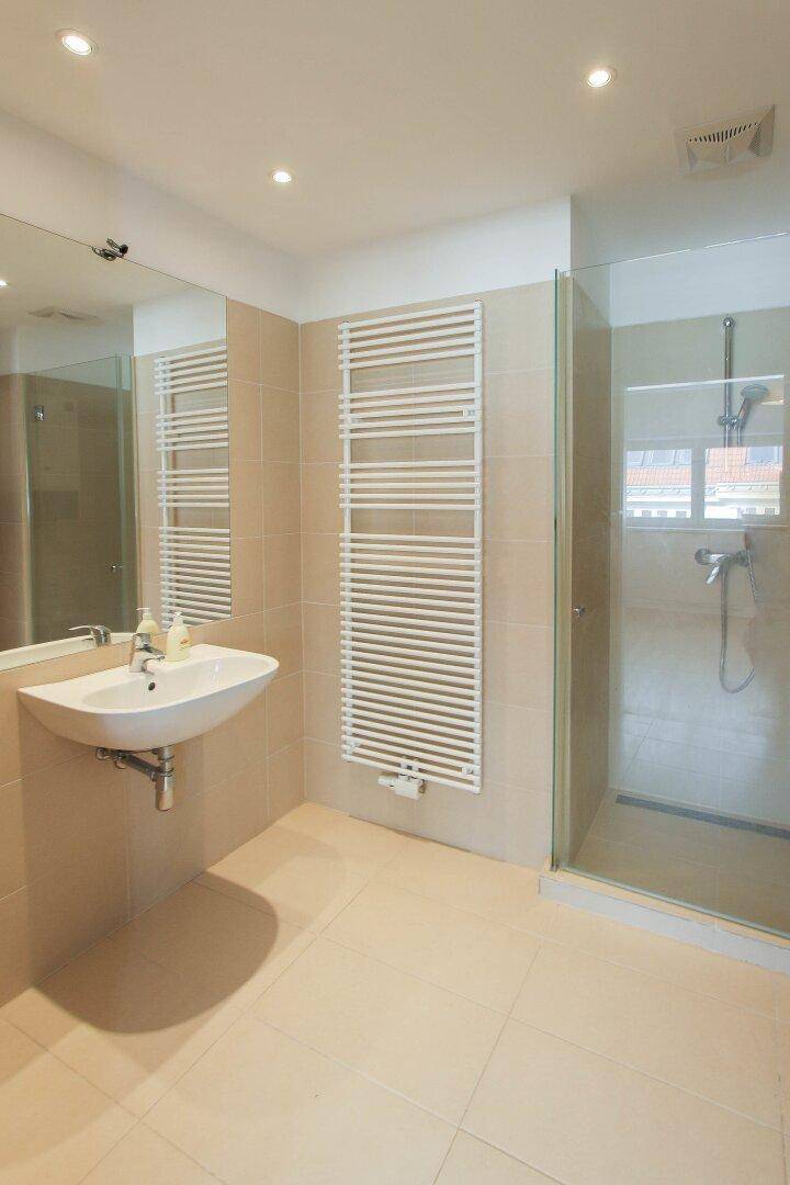 Modernes Badezimmer mit begehbarer Dusche, Einzelwaschbecken und beheiztem Handtuchhalter.