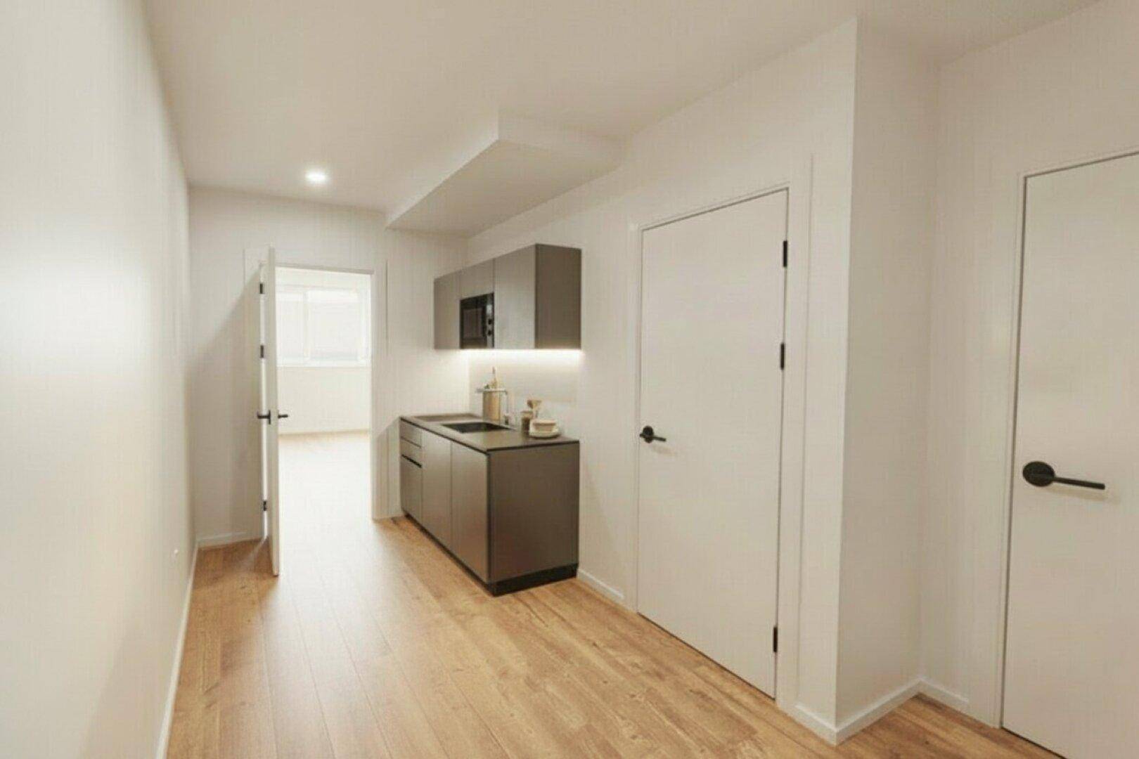 Moderner Flur mit kleiner Küchenzeile und Holzboden, ideal für ein Apartment.