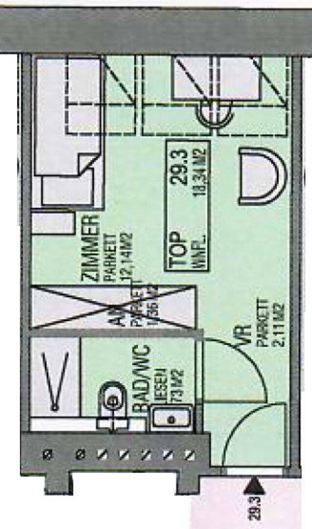 Ausschnitt eines Grundrisses mit Zimmer, Bad/WC und Vorraum.