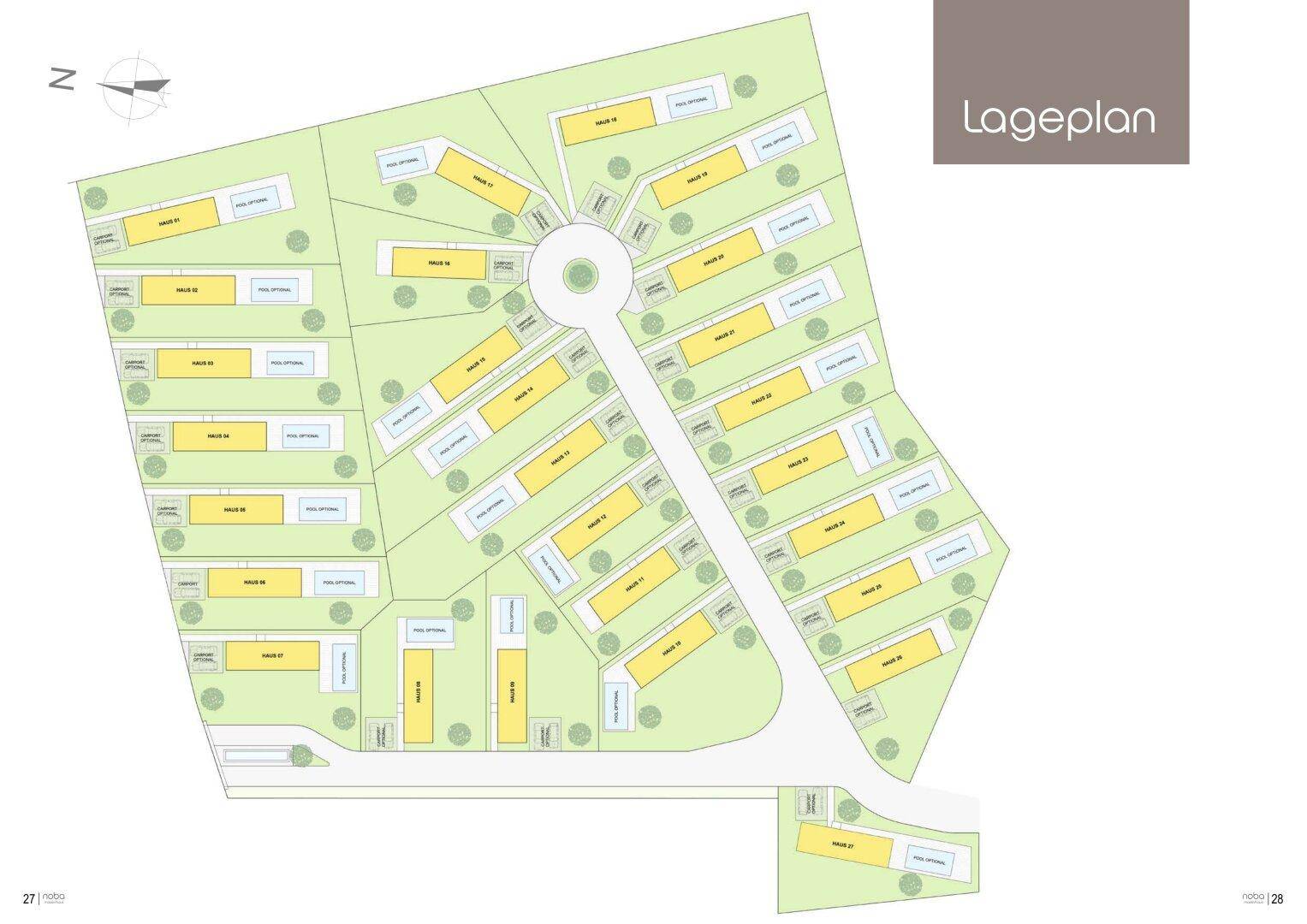 Übersichtlicher Lageplan eines Neubauprojekts mit mehreren Parzellen, Häusern und optionalen Pools.