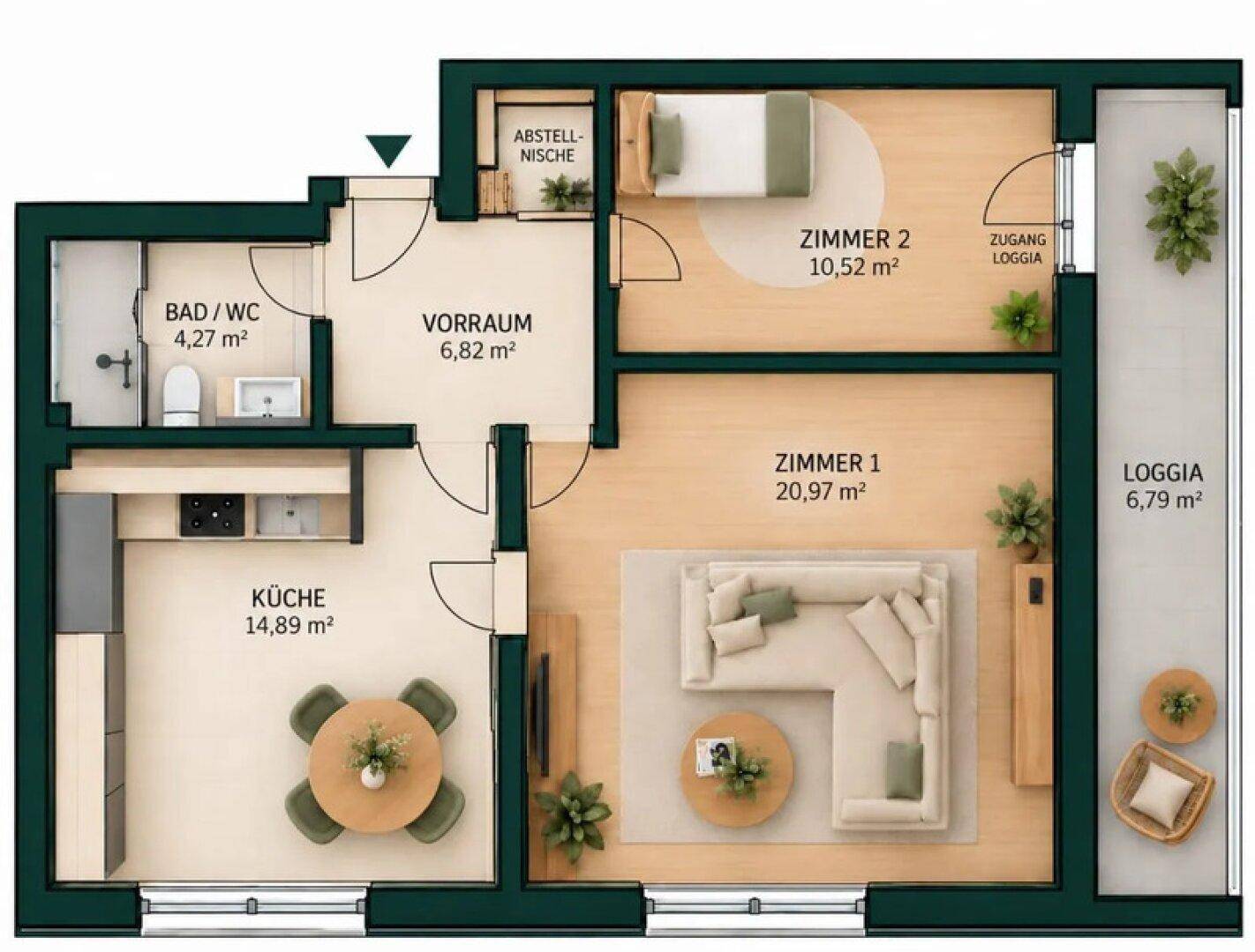 Übersichtlicher Grundriss einer Wohnung mit zwei Zimmern, Küche, Bad und Loggia.