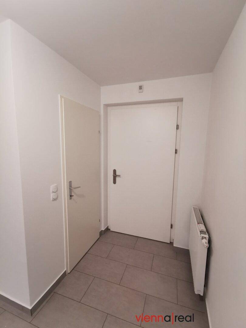 Eingangsbereich mit grauen Fliesen und zwei weißen Türen, inklusive Heizkörper, hell und einladend.