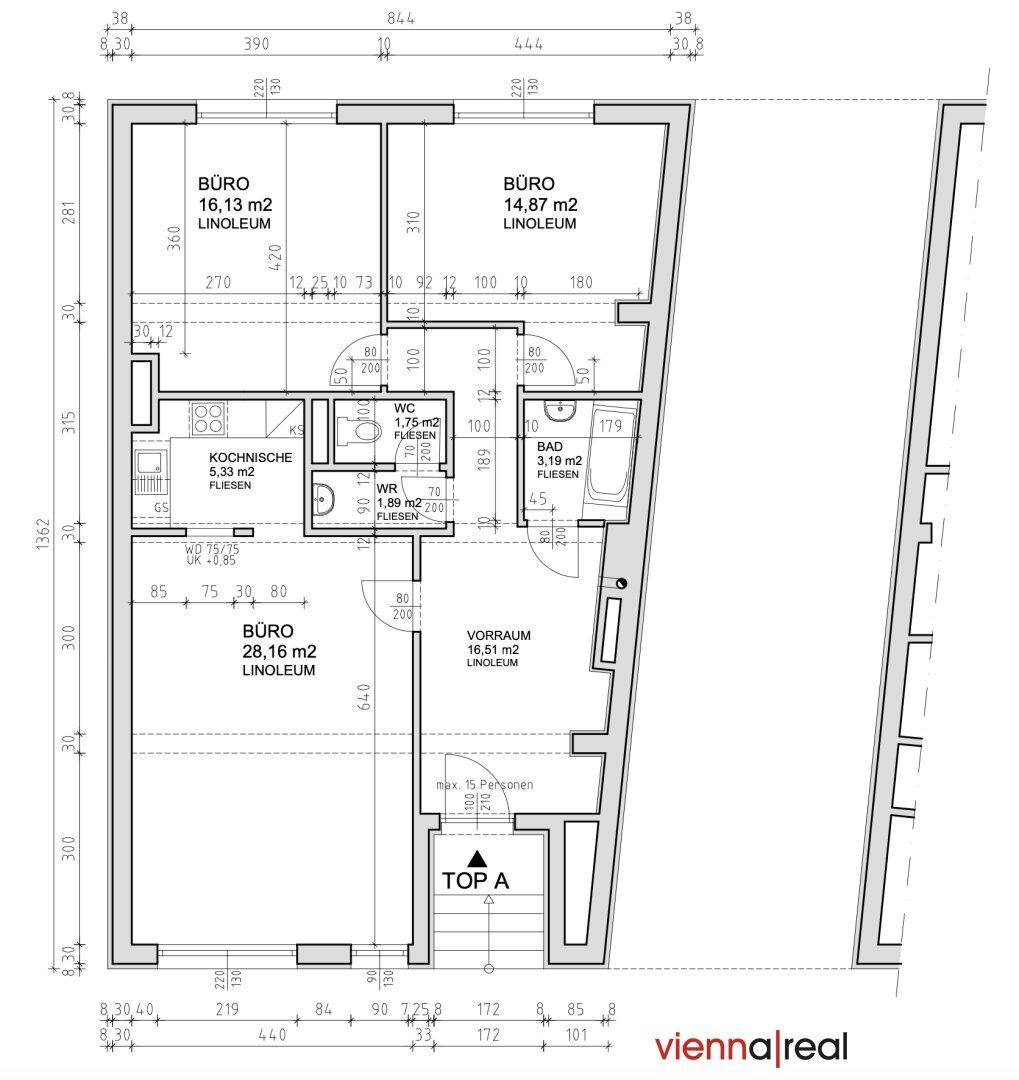 Grundriss einer Etage mit Büroräumen, Kochnische, WC, Bad und Vorraum, detailliert mit Flächenangaben.