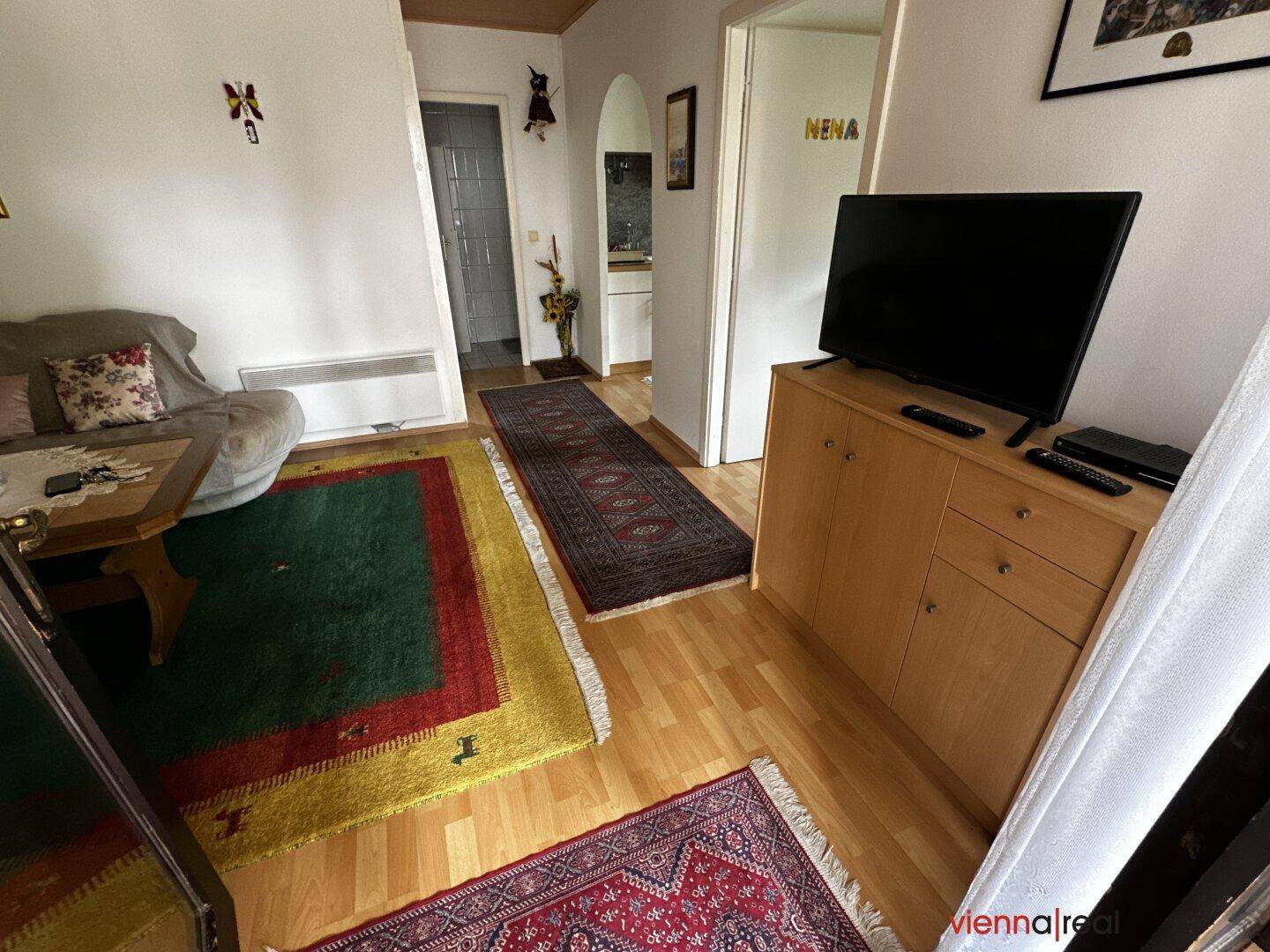 Wohnbereich mit Holzboden, bunten Teppichen und einem Fernseher auf einem Holzschrank.