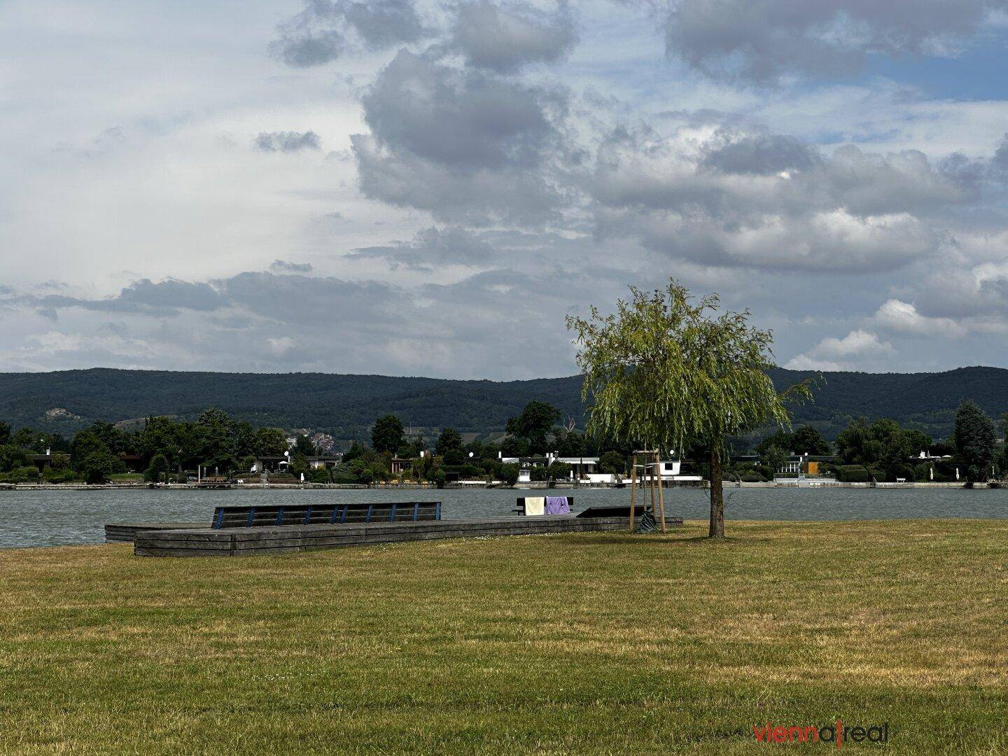 Panoramablick auf einen ruhigen See mit einem kleinen Steg und Bäumen am Ufer.