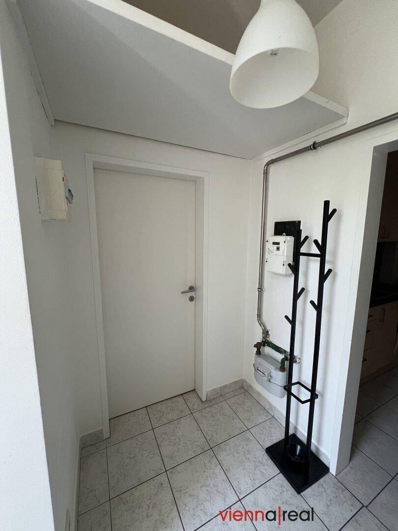 Eingangsbereich mit Fliesenboden, Garderobe und Blick auf den Stromzähler.