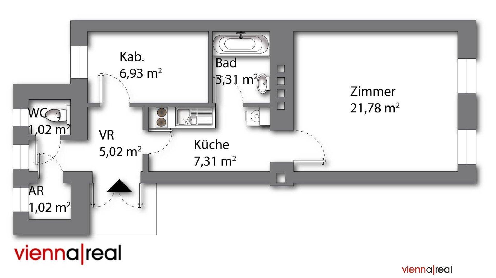 Grundriss einer Wohnung mit separater Küche, Bad, WC, Abstellraum und einem großen Zimmer.