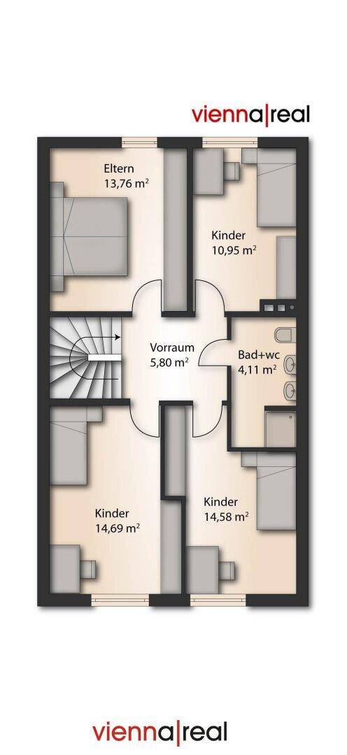 Grundriss des Obergeschosses mit Hauptschlafzimmer, drei Kinderzimmern und einem Badezimmer.