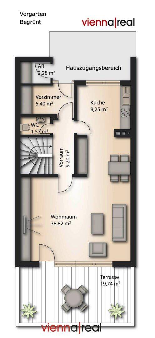 Grundriss des Erdgeschosses mit Wohnzimmer, Küche, WC und großer Terrasse.