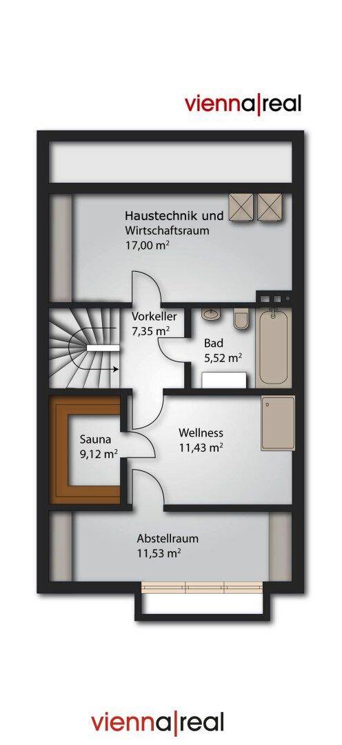 Grundriss des Untergeschosses mit Sauna, Wellnessbereich, Badezimmer und Technikraum.