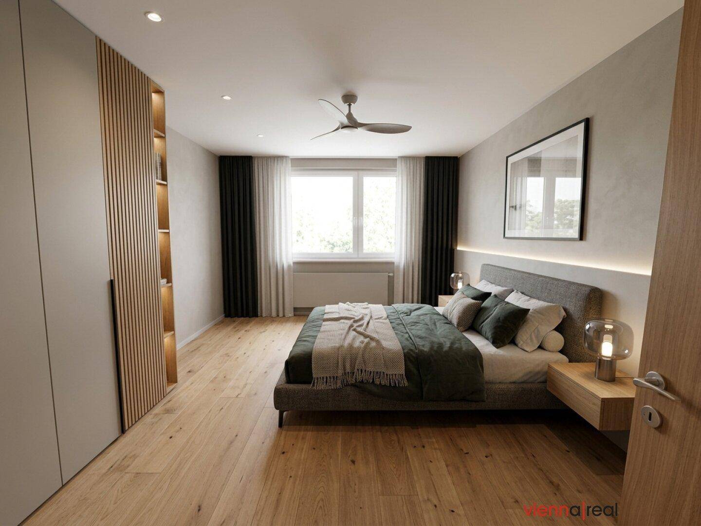 Virtuell möbliertes Schlafzimmer mit modernem Bett, Einbauschrank und Holzboden.