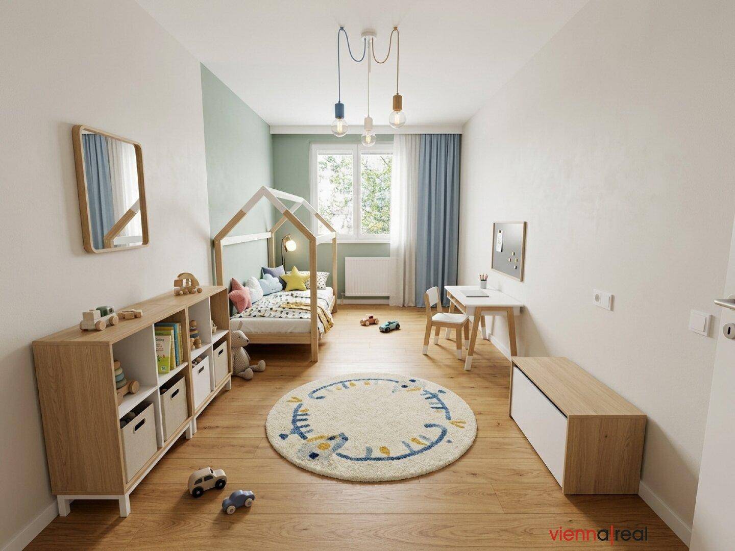 Virtuell inszeniertes Kinderzimmer mit Hausbett, Schreibtisch und Holzboden.