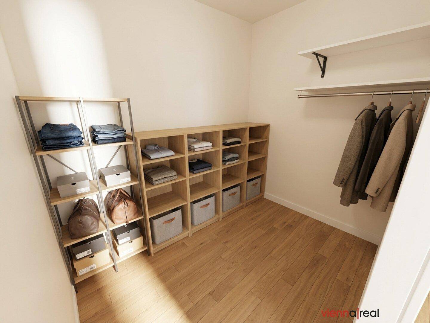 Virtuell inszenierter begehbarer Kleiderschrank mit Regalsystemen und Holzboden.