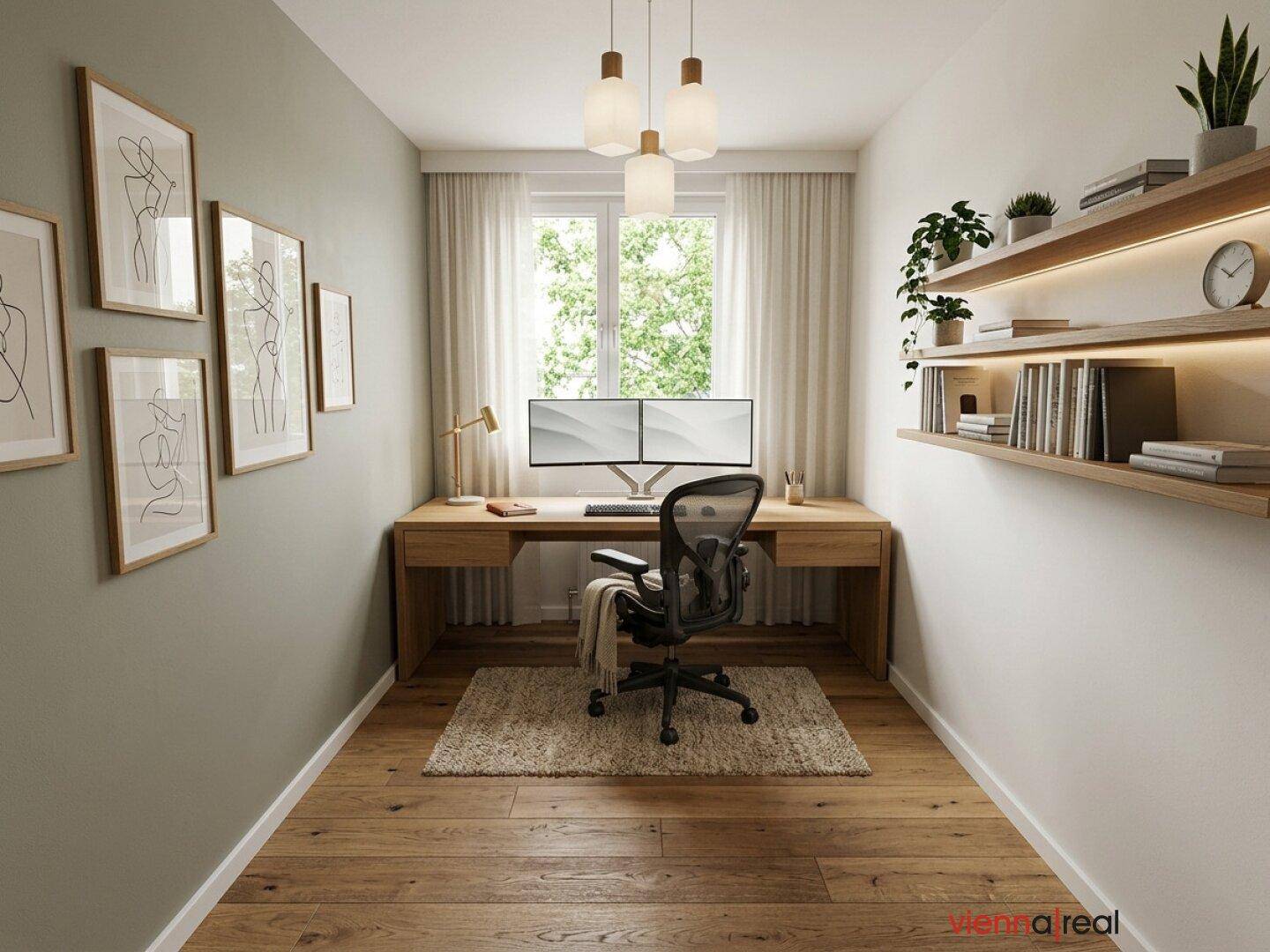 Virtuell möbliertes Arbeitszimmer mit Schreibtisch, Monitoren und Wandregalen.