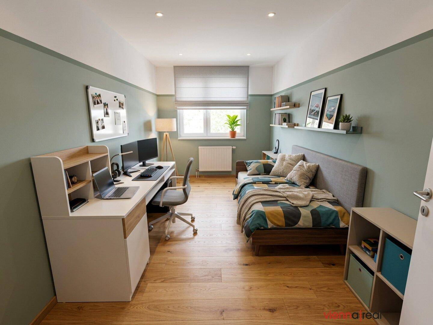 Virtuell möbliertes Zimmer mit Bett, Schreibtisch und Computern, ideal als Schlaf- oder Arbeitszimmer.